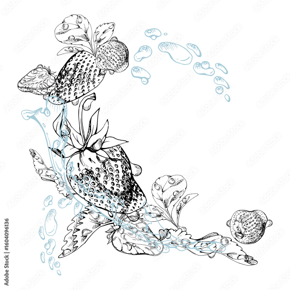 Obraz premium Strawberry ripe garden berries flying in water splash leaves flowers, fresh pineberry strasberry snakeberry, wet moist dew drops. Isolated illustration hand drawn in vector ink. Drink, grocery package