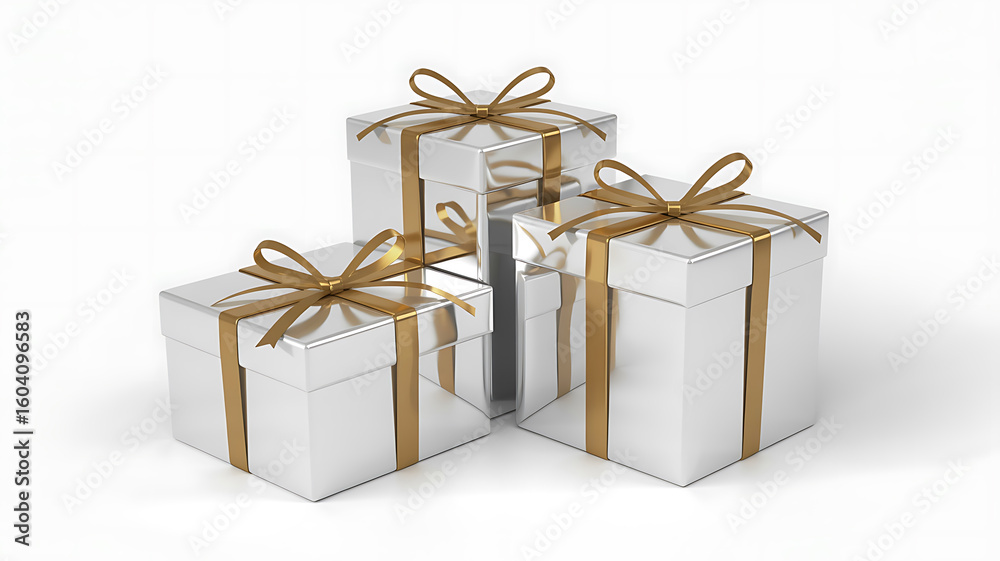 Fototapeta premium Three metallic gift boxes with silver ribbons on a white background.