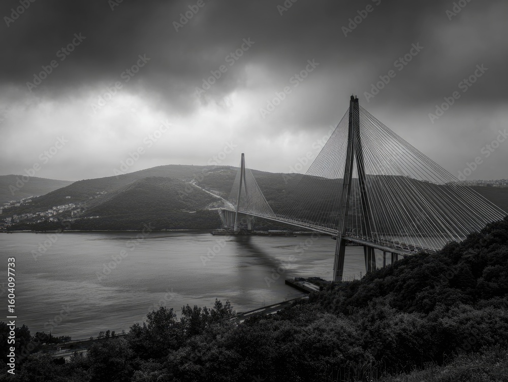 Obraz premium Grey cable-stayed bridge spans a misty waterway, mountains backdrop