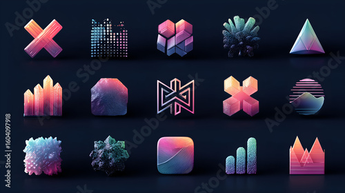 Abstract Geometric Shape Set: A collection of 15 vibrant and diverse geometric shapes, each with its own unique texture and color gradient, arranged in a grid pattern against a deep blue background.