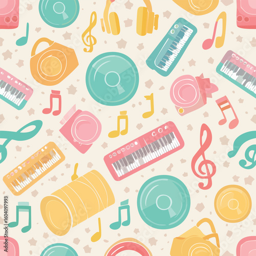 Seamless pattern of musical instruments and symbols. Vector background with keyboard, drum, headphones, and notes in pastel colors.