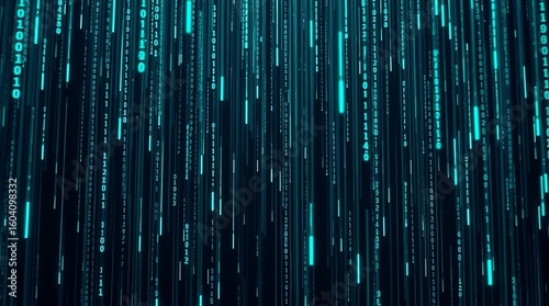 A vector illustration of a binary code stream falling down the screen, rendered in shades of electric blue and green, with a glitch art style, a full screen shot emphasizing the dynamic movement