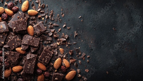 Dark chocolate, almonds, and dried fruit on dark background