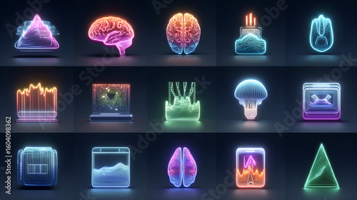 Neon Icons of the Mind: A collection of vibrantly illuminated neon icons. These artistic renderings depict elements related to intelligence, thoughts and cognitive abilities.
