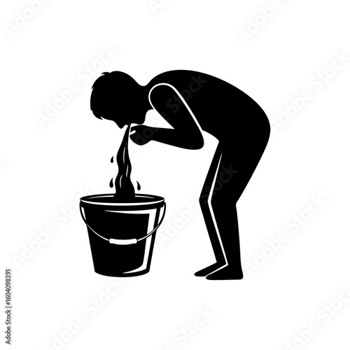 Silhouette of Person Rinsing Mouth in Bucket