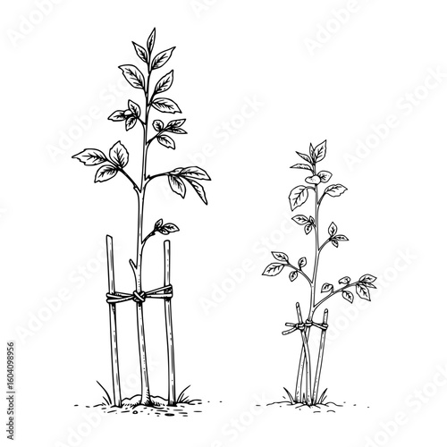 vector mini set of Young plants growing supported by stakes in a garden setting  