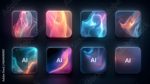 Digital Abstracts with AI Insignia: a collection of captivating digital art pieces featuring vibrant, multi-colored ethereal smoke, each displaying the AI symbol.