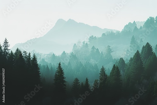 Misty Mountain Forest Landscape with Evergreen Trees and Atmospheric Haze Perfect for Nature Photography