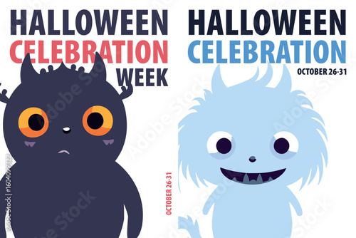 Halloween celebration, party poster pack. Vector illustrations with cute monsters for social media campaign, print, card, announcement, placard, leaflet, invitation for kids, children event