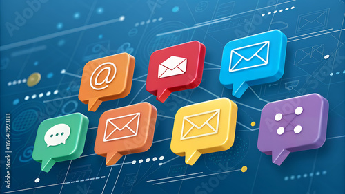 Colorful chat bubbles with email and message icons on a blue tech background with lines and dots