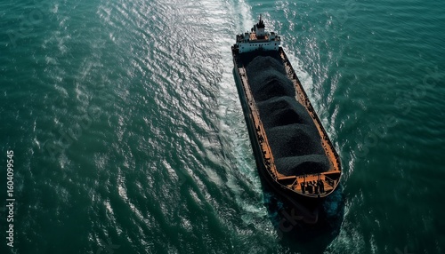 Coal barge in blue ocean shipping transportation in aerial view