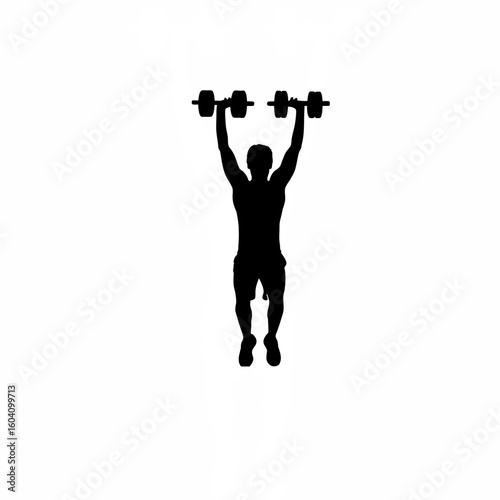 Silhouette of person doing shoulder press with dumbbells on white background