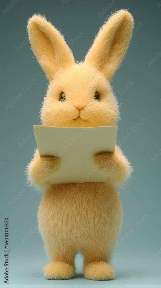 Obraz premium A cute, fluffy, light-orange rabbit holding a blank piece of paper
