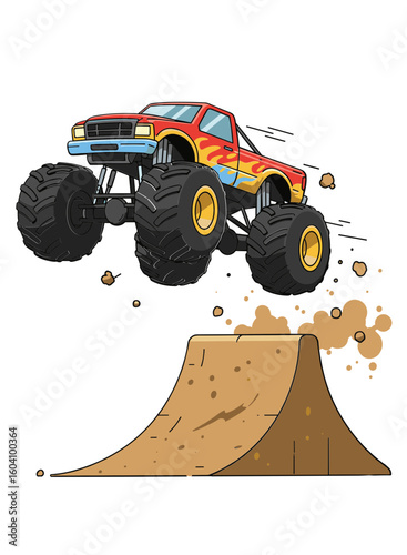 Cartoon monster truck jumping over a dirt ramp with flying dust  on transparent background