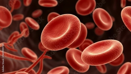 A closeup 3d render of red blood cells circulating within a blood vessel, illustrating the vital process of oxygen transport in the human body