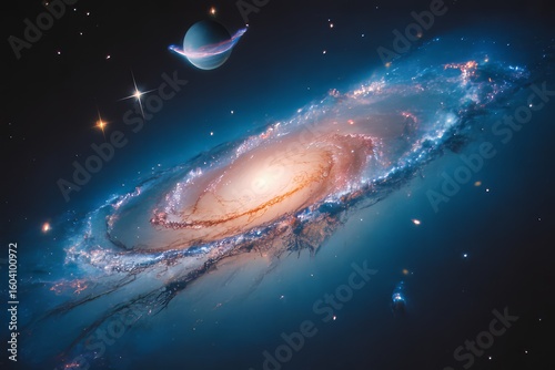 Spectacular Spiral Galaxy with Nebulae and Distant Planet Unveiling Cosmic Wonders and the Beauty of Deep Space Exploration