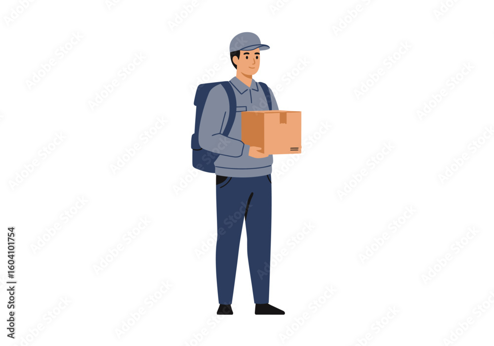 A delivery man with a backpack holds a cardboard box A delivery man with a backpack holds a cardboard box