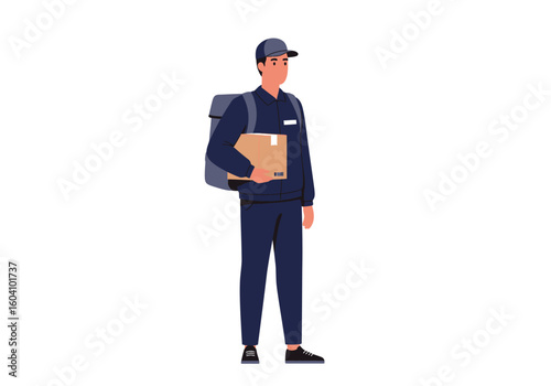 A delivery man in a navy uniform holds a brown box wears a backpack and a hat