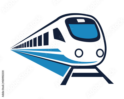 A sleek, blue and white passenger bullet train logo illustration, symbolizing speed, modern transportation, and efficient travel.