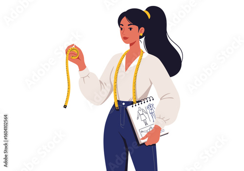 A woman holding a measuring tape  sketchbook with clothing designs