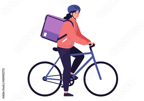A woman with a delivery bag rides a blue bicycle wearing a helmet and jacket