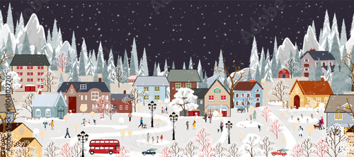 Seamless Winter landscape,Celebrating Christmas,New Year 2026,Night sky,Star with happy people playing ice skate in city park,Vector illustration horizontal seamless pattern banner winter wonderland 