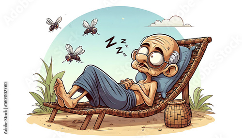 Humorous cartoon of an elderly man sleeping soundly in a lounge chair outdoors while being bothered by buzzing insects