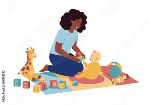 Adult plays with a baby surrounded by toys on a colorful playmat