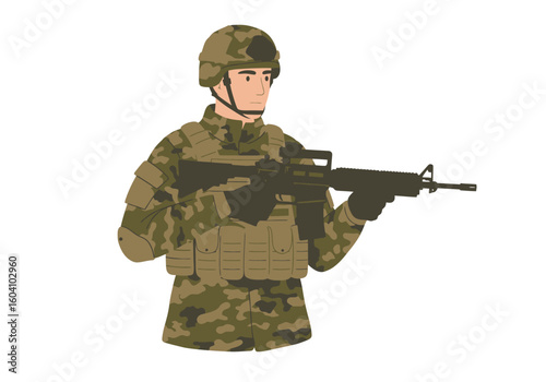 An illustration shows a soldier in camouflage holding a rifle