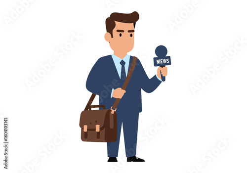 Cartoon man in suit holds NIEWS microphone with briefcase