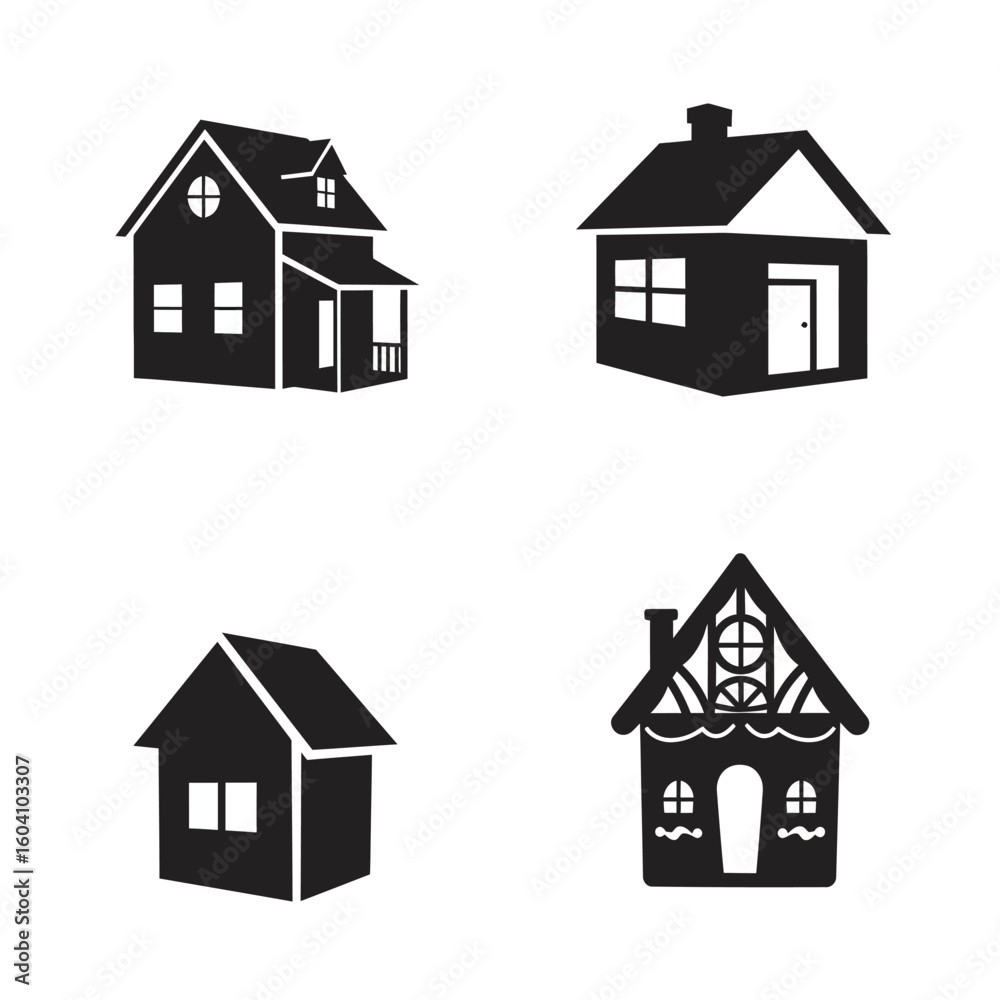 Fototapeta premium Four House Icons in Black and White Illustrating Different Architectural Styles