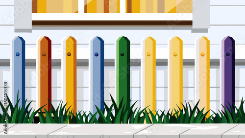 Colorful picket fence with grass and house background 