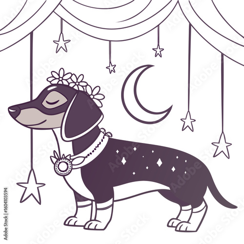 An adorable Dachshund with a Sleepy vibe, with a flower crown, and a Lunar Elegance Starlight Ball theme – SVG style