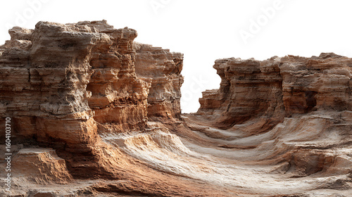 Rugged canyon with layered sandstone walls and dry riverbed isolated on transparent background