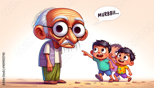Cartoon elderly man with large eyes and glasses looking sad as children point and laugh at him with a speech bubble saying murbil