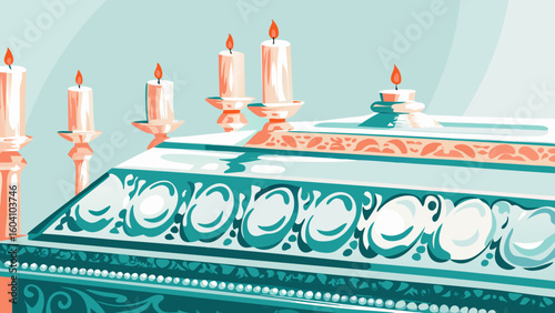 Ornate decorative coffin with lit candles in serene setting  