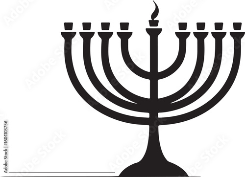 Traditional Hanukkah Menorah with Lit Candles on White Background