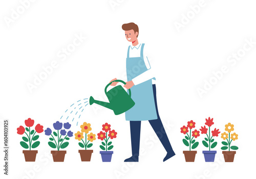 Man waters flowers Plants in pots are aligned in a row he tends them