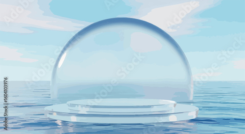 Abstract glass dome over water with cloudy sky background