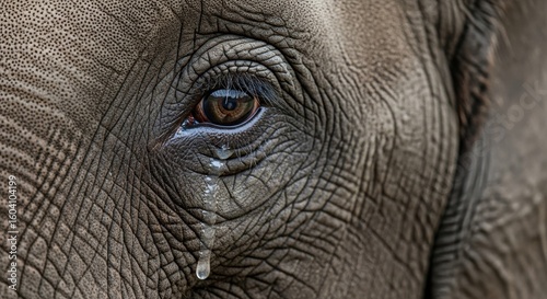 Close-up of Elephant's Tearful Eye: Intense Emotion and Texture.