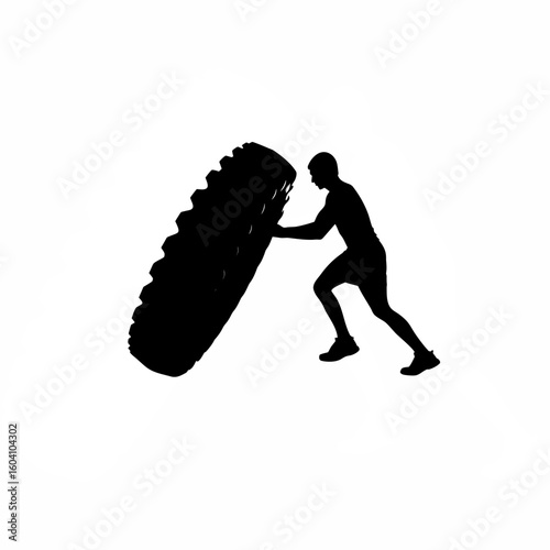 Silhouette of person flipping tire during workout on white background