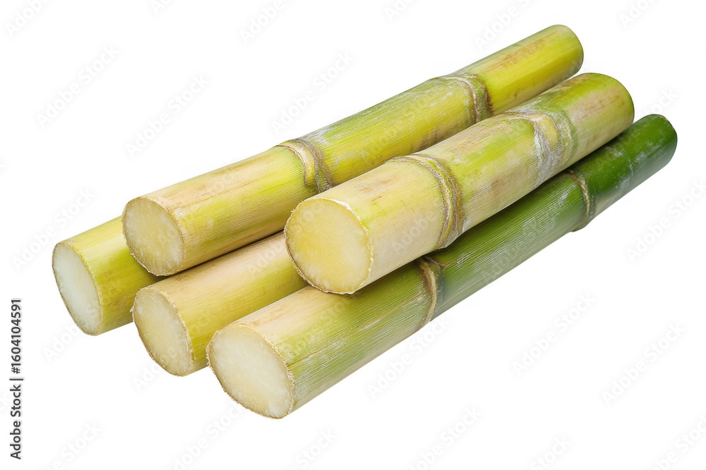 Fototapeta premium Several stalks of fresh green sugarcane cut into pieces showing the juicy interior isolated on transparent background