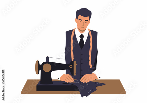 Tailor in a suit sits at a sewing machine working on a piece of fabric