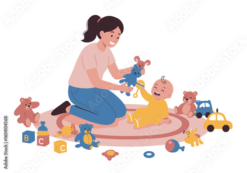 Woman  baby on rug amidst toys bears cars blocks Baby holds rattle woman holds stuffed animals