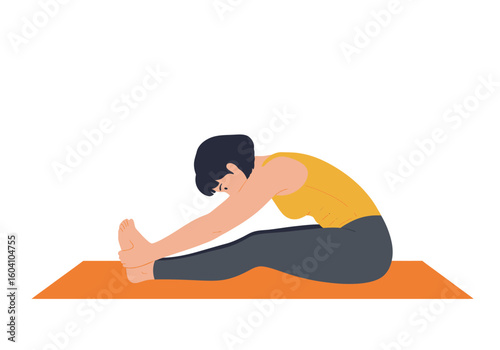Woman in yoga pose seated with legs extended and touching her toes on an orange mat