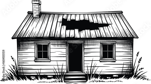 Black and White Illustration of a Dilapidated House with Missing Roof Section
