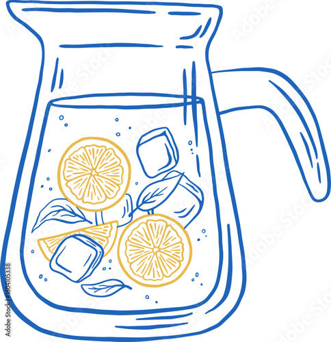 Home made lemonade with ice and lemon slice in the jug vector illustration. Summer fresh drink on white background.