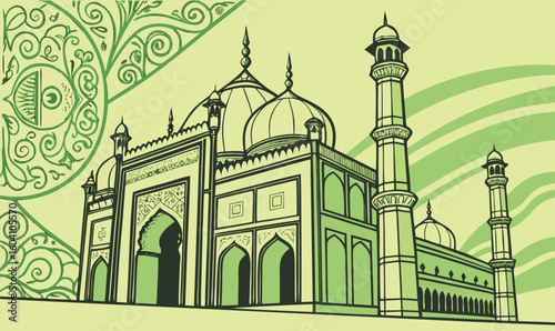 "Stylized Green Islamic Architecture Illustration with Minarets, Domes, and Arches Pakistan Design"