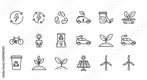 Sustainability & Eco-Friendly Line Icon Set – Renewable Energy, Recycling, Solar Panel, Wind Turbine, Organic Farming Vector

