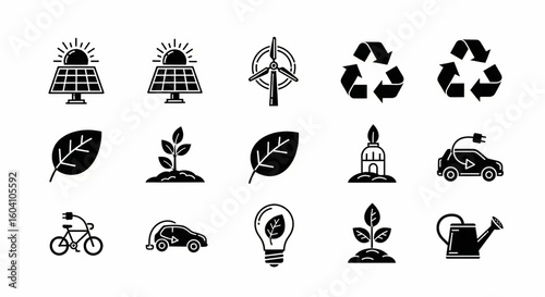 Sustainability & Eco-Friendly Line Icon Set – Renewable Energy, Recycling, Solar Panel, Wind Turbine, Organic Farming Vector

